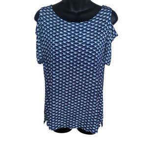 WOMEN Chicos Travelers Blue White Geometric Cold Shoulder Short Sleeve Blouse To